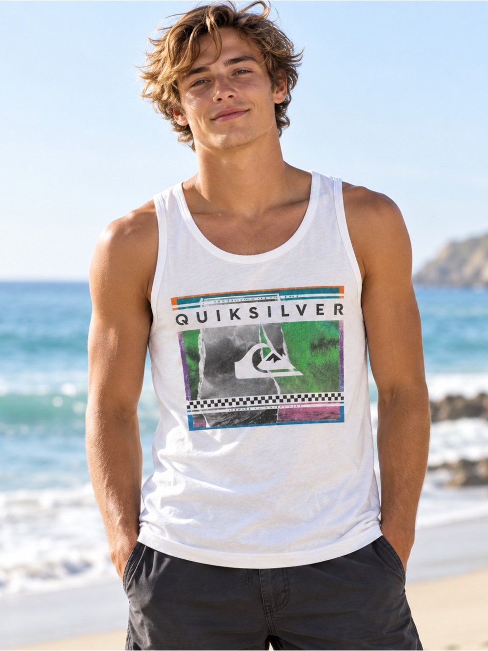 Quicksilver Tank Top T Shirt 1990's Surf Board Skate Beach Culture Mens Small